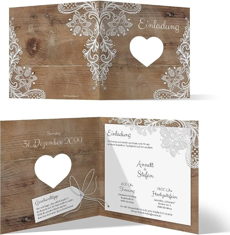 Besuche den Kartenmachen.de-Store Individuelle Hochzeit Einladungskarten ab 10-100 Stück Hochzeitskarten Hochzeitseinladungen - Rustikal mit weißer Spitze mit Herzstanze, dickes 300g, qm Papier, 148x148mm, passende Umschläge optional — Geschenkverpackung