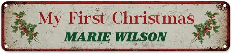 Marke: CowkissSign Metallschild mit Aufschrift "My First Christmas", Vintage-Weihnachtskranz, Blumenmuster, französisches Vintage-Retro-Metallschild, hochwertiges Metall-Straßenschild für Schlafzimmer, 45, 7 — Weihnachtsdeko