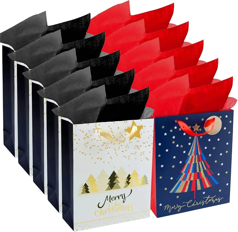 Marke: RACHELLE'S RACHELLE'S Weihnachts-Geschenktüten, mittelgroß, 33 x 25, 4 x 10, 2 cm, stabile Papier-Geschenktüten mit Seidenpapier, Anhänger und Griff, Weihnachtsbäume, perfekt für Weihnachtsgeschenke und — Geschenkverpackung