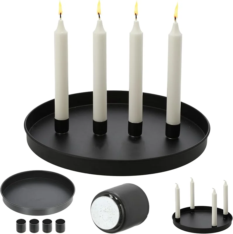 Besuche den Cepewa-Store Stabkerzenhalter 'GoldMagnet' magnetisch, Metall schwarz rund Ø25x3cm, 4 Kerzenhalter Kerzentablett Tablett Stabkerzen (1 x Stabkerzenhalter Ø25cm Schwarz) — Kerzenlicht Abendessen