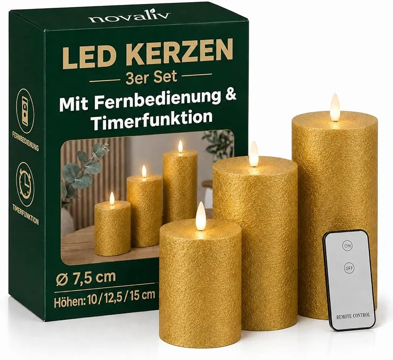 Besuche den Novaliv-Store 3er Set Led Kerzen 7, 5cm ø Kerze flackernde Flamme mit Fernbedingung GOLD 15 cm + 12, 5 cm + 10 cm Höhe, LED Kerzen mit Timerfunktion, 3 AAA Batterien nötig, LED Echtwachs Stumpenkerzen warmweiß — Advent und Tisch