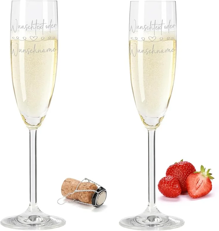 Marke: Gravur-Max Leonardo Sektglas 2er Set 200 ml – elegantes Sektglas mit Gravur – DEINE WUNSCHNAMEN oder TEXT MIT HERZRANKE1 – hochwertiges TEQTON-Kristallglas für Sekt, Prosecco & Champagner — Wein und Festtafel