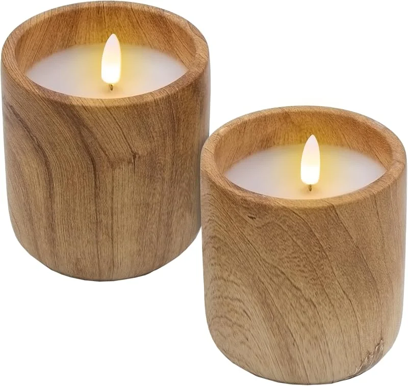 Besuche den Spetebo-Store Spetebo LED Kerze im Keramik Becher mit Holz Optik 10 x 9 cm - 2er Set — Kerzenlicht Abendessen