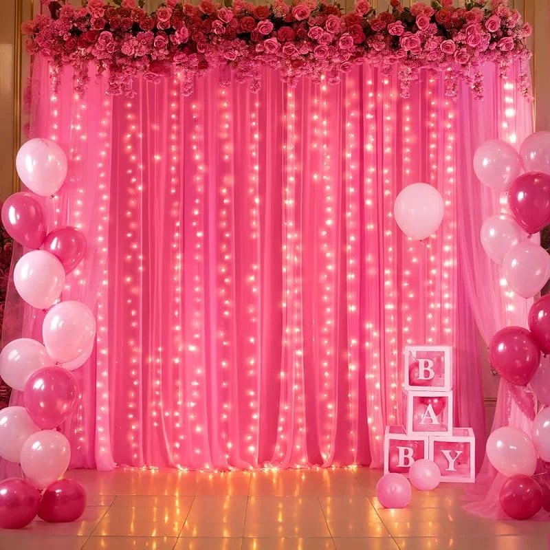 Marke: Suppromo Tüll-Hintergrundvorhang mit Lichtern für Partys, 3 x 2, 4 m, Fuchsia, durchsichtige Hintergrundvorhänge für Hochzeiten, Geburtstage, Babypartys, Fotoshootings, Hintergrunddekorationen — Weihnachtsbeleuchtung