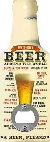 Marke: Blechwaren Fabrik Braunschweig GmbH Handflaschenöffner im Doppelpack - How to Order a Beer+How to say Cheers Around The World - 2 Flaschenöffner in Bierflaschenform 20 cm mit Kordel GB8577-4+10 — Wein und Festtafel