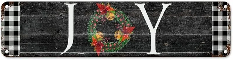 Marke: CowkissSign Vintage Weihnachtskranz Freude Metallschild Schwarz und Weiß Büffel Karo Plaid Rustikal Shabby Chic Schilder Weihnachten Metall Kunst Schild Qualität Straßenschild für Wohnzimmer Veranda 61 x 15, 2 cm — Weihnachtsdeko