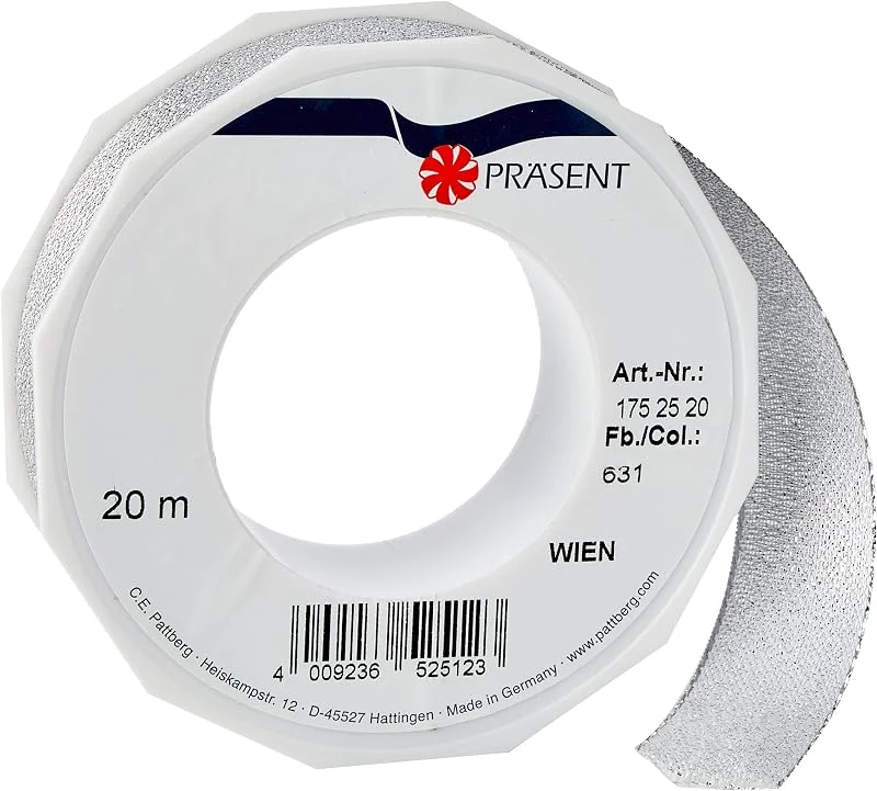 Besuche den PRÄSENT-Store PRÄSENT C.E. Pattberg Wien Geschenkband Silber, 20 m Geschenkband zum Einpacken, 25 mm Breite, Zubehör zum Dekorieren & Basteln, Dekoband für Geschenke — Geschenkverpackung
