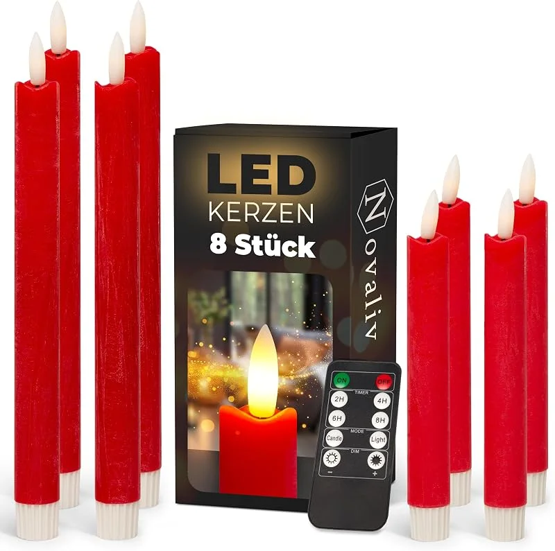 Besuche den Novaliv-Store Sparset Stabkerzen LED mit Timer Klein+Groß ROT 8 Stück ROT indoor - 6 Stunden - ECHTWACHS 18cm+23cm Höhe für Kerzen 2, 2cm Durchmesser 2 AAA Batterien notwendig LED Stabkerzen flackernde Flamme — Advent und Tisch