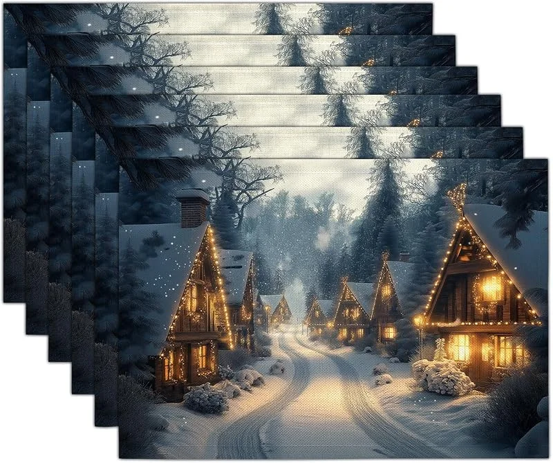 Marke: GDJSMIN 4er Set Platzset Weihnachten Tischset Blau Weihnachten Leinen Platzdeckchen 30x45cm Magisches Winterdorf Tischsets mit Schneehaus-Design Weihnachtsdeko — Küche & Haushalt