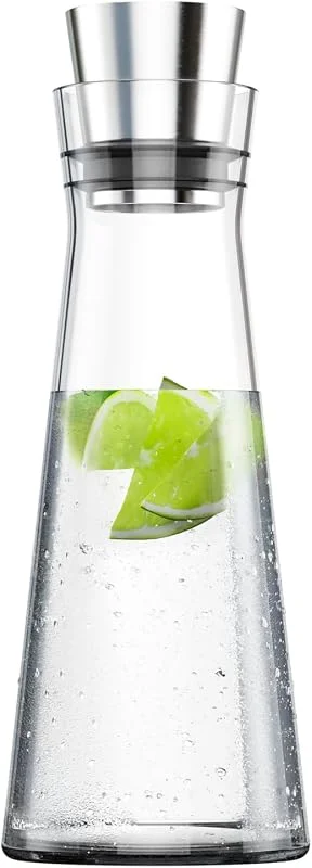 Besuche den Emsa-Store Emsa 515675 Flow Slim Glaskaraffe, 1 Liter, Automatische Verschlussklappe, Edelstahl, 10.5 x 10.5 x 37.5 cm — Wein und Festtafel
