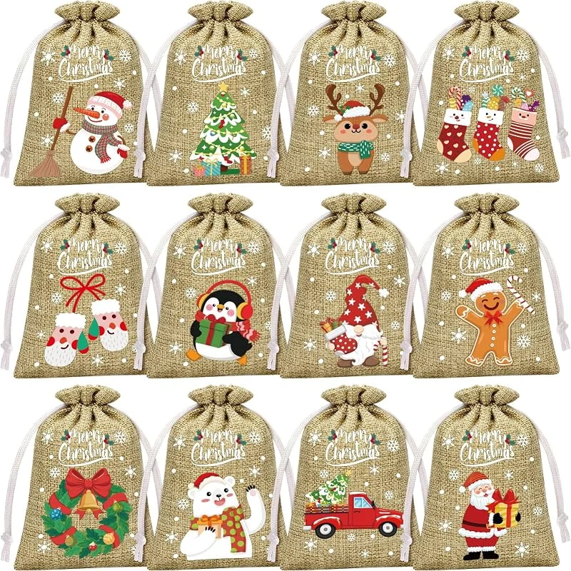 Marke: FLOE FLOE 36 Stück Weihnachts-Jute-Geschenktüten mit Kordelzug, Kordel, Jute-Weihnachts-Süßigkeitentüten, Leinensäcke, Gastgeschenke, Taschen — Geschenkverpackung