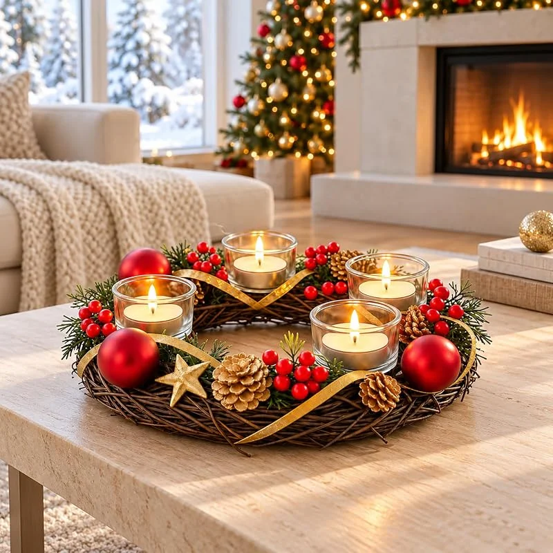 Besuche den KAMACA-Store KAMACA XL Adventskranz Ø 34 cm Holzzweige 4 Glas-Kerzenhalter Rot Deko — Weihnachtsdeko
