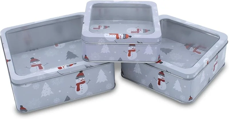 Besuche den Spetebo-Store Spetebo Metall Gebäckdose mit Sichtfenster 3er Set eckig, Schneemann Motiv — Geschenkverpackung