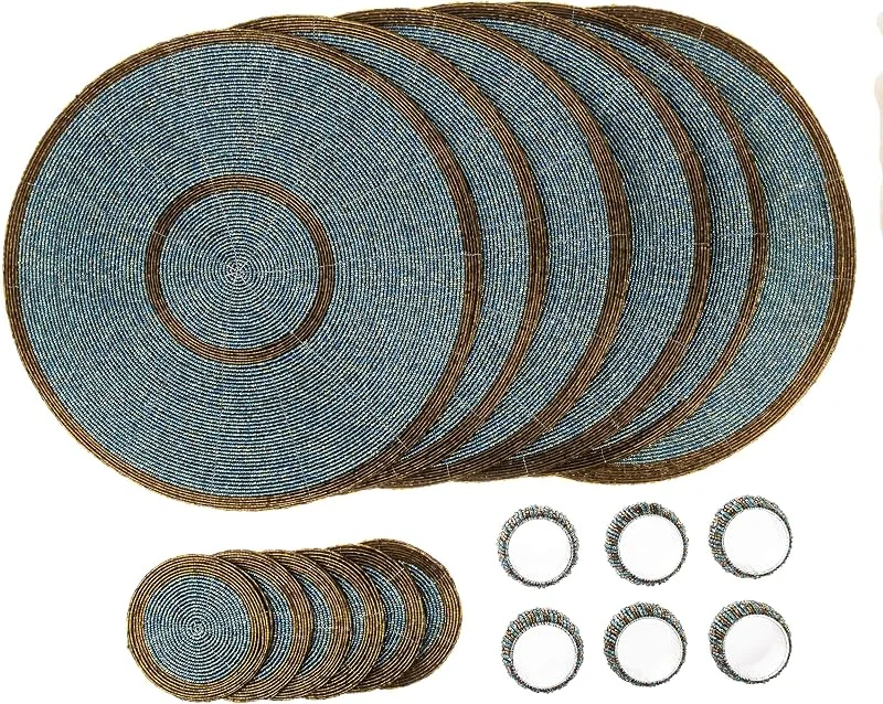 Besuche den Penguin Home-Store Penguin Home Set mit 18 Glasperlen-Platzsets, Untersetzern und Serviettenringen -Aqua und Antik Gold Farbe -Runde Tischsets -handgefertigt von erfahrenen indischen Kunsthandwerkern- Durchmesser -32 cm — Advent und Tisch