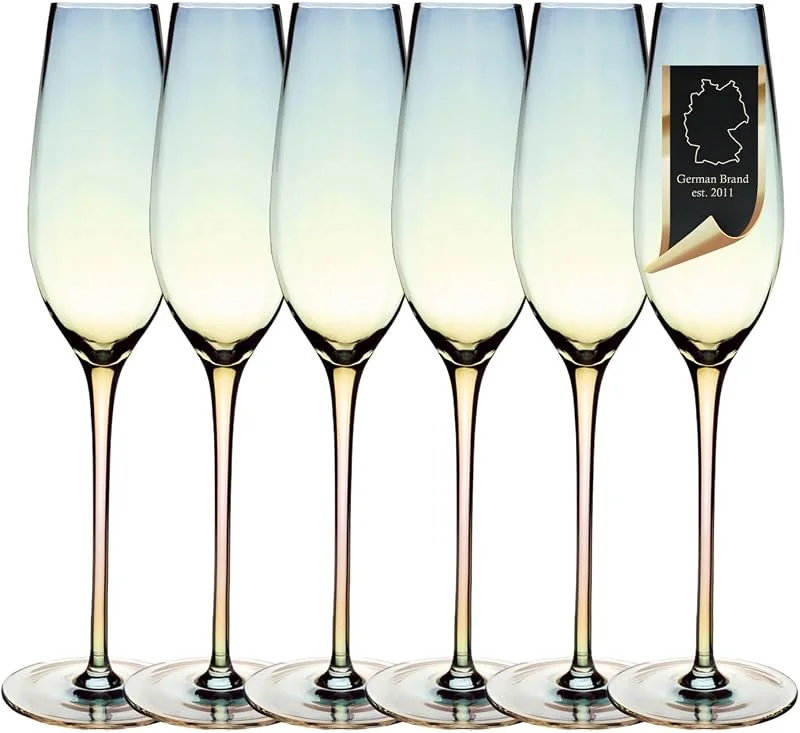 Besuche den INTIRILIFE-Store INTIRILIFE 6er Set Champagnergläser mit Regenbogen-Schimmer und Wellenform 200 ml – Sektgläser Prosecco Glas – Bleifreies Kristallglas Spülmaschinenfest Stoßfest – Elegant für Party Hochzeit Geschenk — Wein und Festtafel