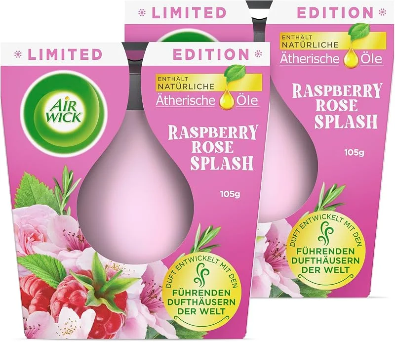Besuche den Air Wick-Store Air Wick Wohlfühl-Duftkerze DUO im Glas – Duft: Raspberry Rose Splash – Enthält natürliche ätherische Öle – Duftkerzenset mit je 2 Kerzen — Kerzenlicht Abendessen