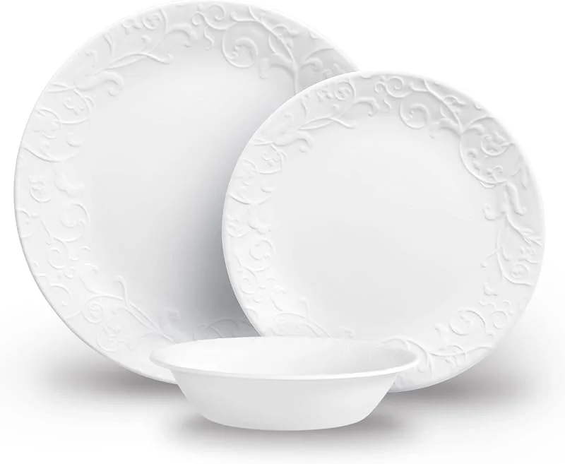 Marke: CORELLE Corelle Bella Faenza Geschirr-Set, 12-teilig, bestehend aus 4 Tellern, Beilagentellern und Schüsseln, 3 x langlebiger, halb so viel Platz und Gewicht von Keramik, bis zu 80% recyceltes Glas (1146912) — Advent und Tisch