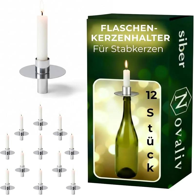 Besuche den Novaliv-Store Novaliv 12x Kerzenhalter Flasche I Silber I Metall I Kerzenhalter Flaschenaufsatz für Kerzen Flaschenkerzenhalter Stabkerzen Kerzenständer Silber Stabkerzenhalter Glas Candle Holder Stabkerzentüllen — Kerzenlicht Abendessen