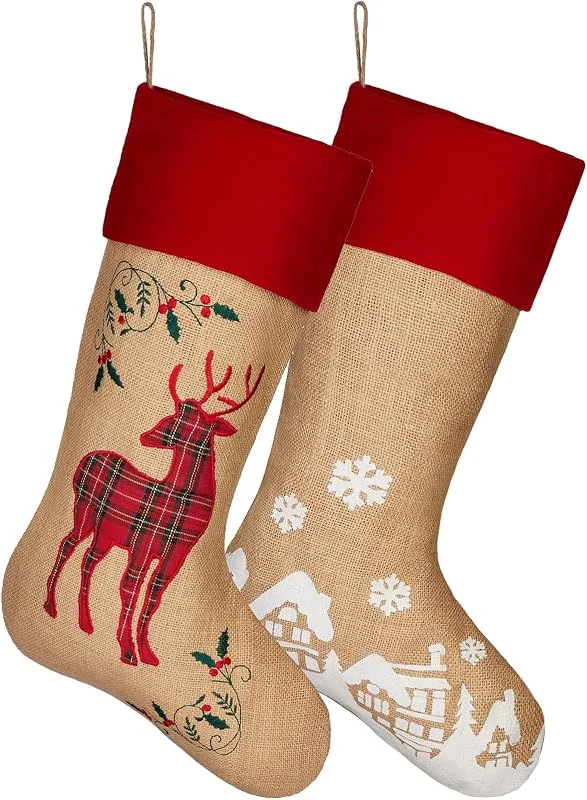 Besuche den BRUBAKER-Store BRUBAKER 2er Set Weihnachtsstrumpf zum Befüllen und Aufhängen - Jute — Weihnachtsdeko