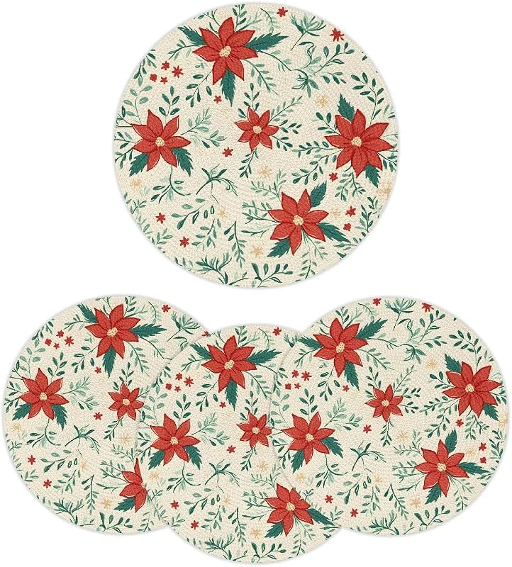 Marke: Mexpekil Mexpekil Weihnachtsstern Weihnachtsblumen Runde Tischsets 4er Set Rutschfest Hitzebeständig Gewebt Platzsets für Esstisch Waschbar Küche Tischmatten Moderne Dekor für Hochzeit Weihnachten — Küche & Haushalt