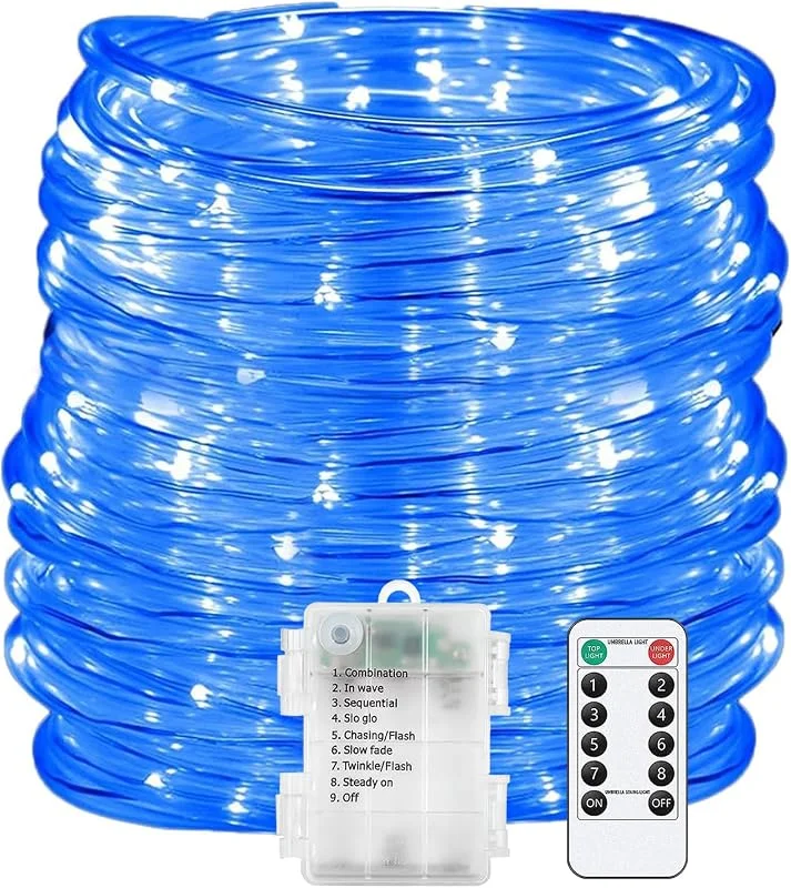 Besuche den DINOWIN-Store LED Schlauch Lichterkette Batterie Wasserdicht Lichterkette Draht mit Fernbedienung 8 Modi und Timer Lichtschlauch für Innen Außen Zimmer Party Garten (Blau, 10M 100LED) — Weihnachtsbeleuchtung