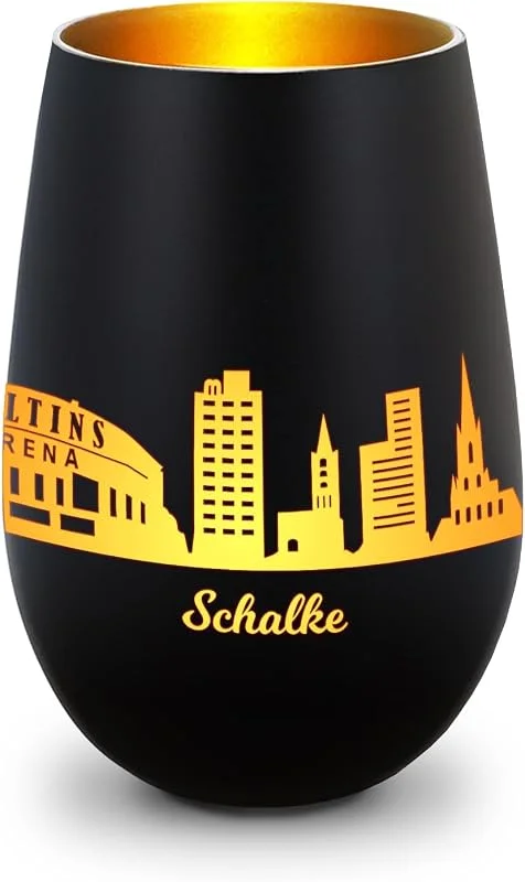 Besuche den GRAVURZEILE-Store GRAVURZEILE Deko Windlicht aus Glas mit Gravur - Skyline Schalke - Hochwertige 360° Lasergravur - Dekoratives Geschenk als Andenken, Souvenir oder für Sammler zum Geburtstag - Farbe: Schwarz, Gold — Advent und Tisch