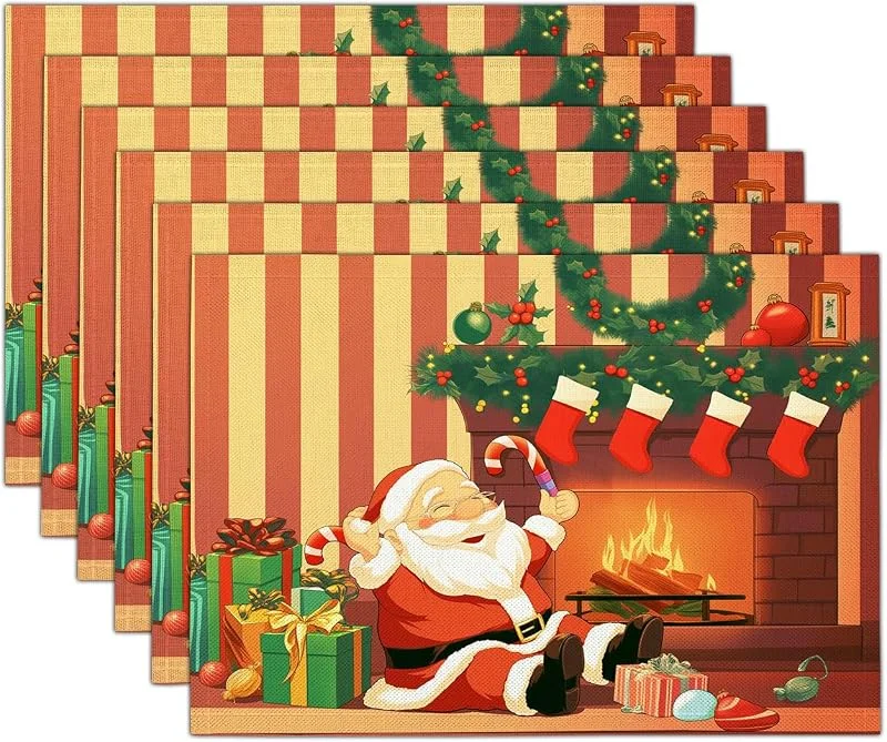 Marke: GDJSMIN 4er Set Weihnachten Platzsets, Weihnachtsthema Platzset, Weihnachtsmann-Geschenkbox-Design Tischsets für Winter Urlaub Bankett Platzdeckchen Zuhause Küche Party Deko Weihnachtsdeko, 40 x 35cm — Küche & Haushalt