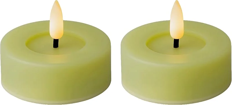 Marke: Lumineo LED Teelichter mit Timer 6, 5x5cm 2 Stück - Outdoorkerzen batteriebetrieben mit 6 Stunden Timerfunktion - Flammenlose Kerzen als Outdoor Tischkerzen Dekokerzen Teelicht Kunstkerzen - Hellgrün Warmweiß — Kerzenlicht Abendessen