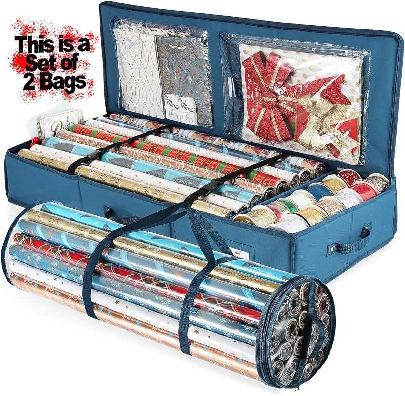 Marke: Hearth & Harbor Hearth & Harbor Aufbewahrungsbehälter – Weihnachts-Aufbewahrungstasche mit Innentaschen 22 Rollen à 101, 6 cm – reißfester Geschenkpapier-Organizer, Polyester, stahlblau, 40" — Geschenkverpackung