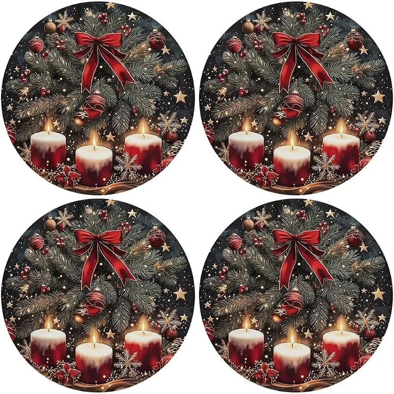 Marke: Ericetion Weihnachtliche Platzsets Roten Kerzen Und Schleifen, 4er-Set, Runde, Abwaschbare Platzsets Für Küchentische Und Restaurants — Küche & Haushalt