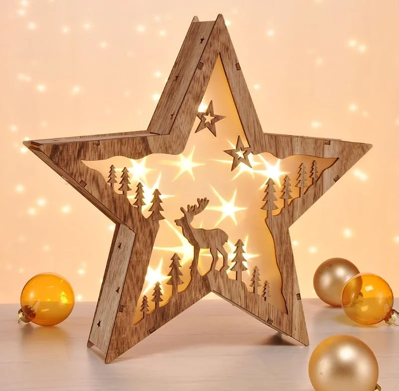 Besuche den Spetebo-Store Spetebo LED Dekoleuchte Stern aus Holz 30 cm - Rentier - Deko Aufsteller warm weiß beleuchtet - Weihnachten Advent Winter Stern Tisch Deko Beleuchtung Batterie betrieben — Weihnachtsdeko