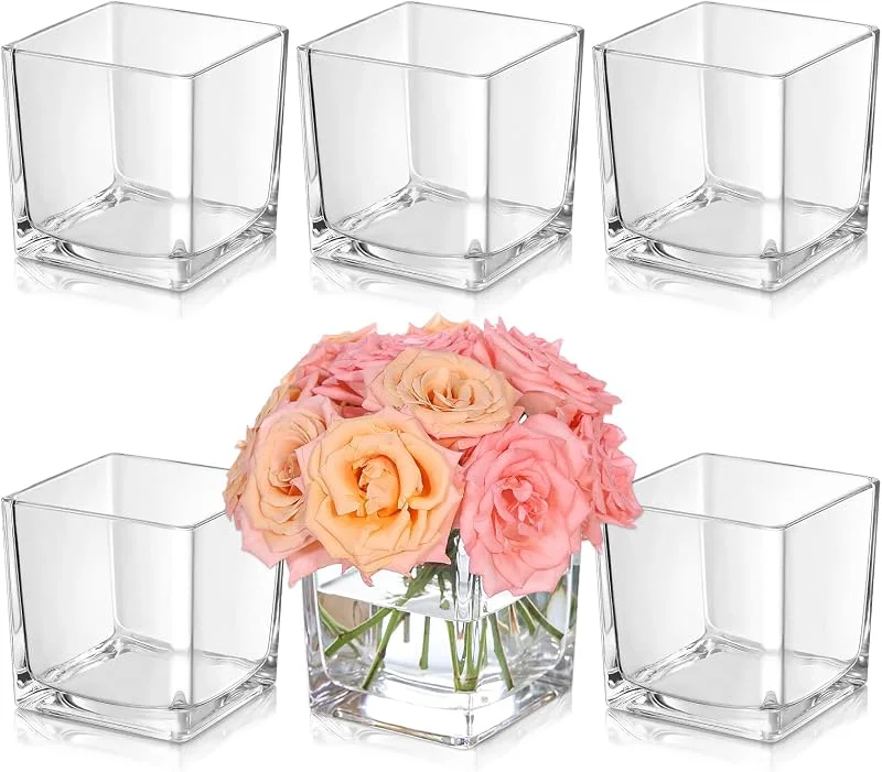Marke: KEYWING KEYWING Quadratische Glasvasen, 10, 2 x 10, 2 x 10, 2 cm, klare Blumenvasen für Tafelaufsätze, quadratische Glasvase, Kerzenhalter für Hochzeit, Party, Heimbüro, Dekoration, 6 Stück — Kerzenlicht Abendessen