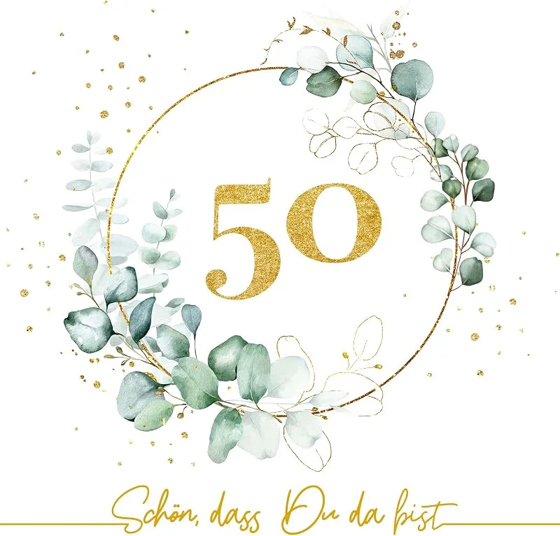 Besuche den Serviettenshop-Store Serviettenshop 20 Servietten 50. Geburtstag Eukalyptus als Tischdeko mit Spruch Schön, dass Du da bist. Deko Papierservietten Geburtstag Frau Mann Zahl 50 gold mit Motiv Jubiläum 33x33cm — Advent und Tisch