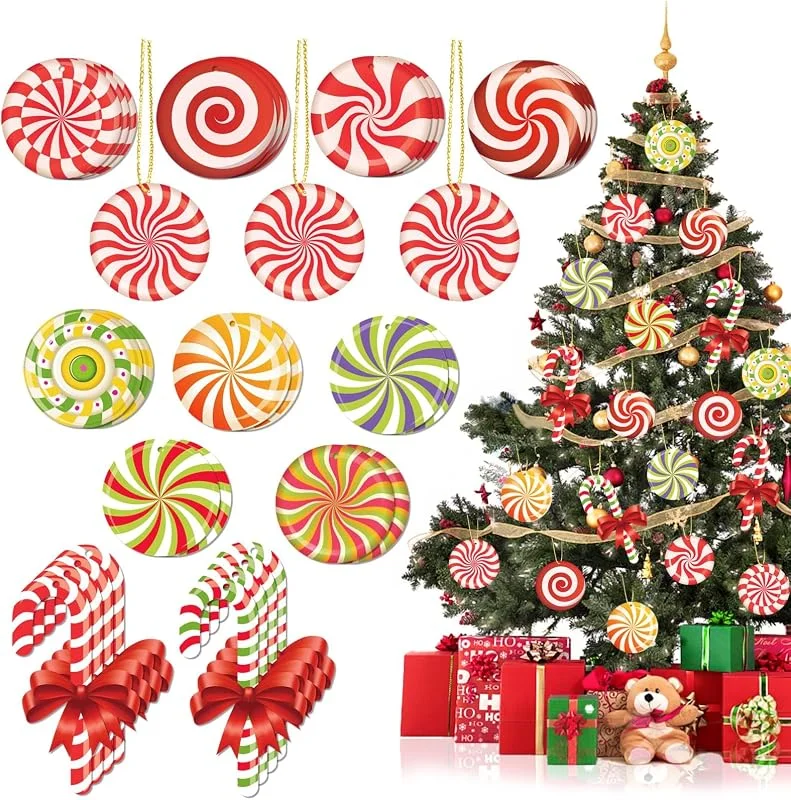 Marke: VABAMNA 33 Stück Weihnachtsdekorationen Zuckerstangen-Ornamente – Bunte Zuckerstange, Lutscher, Pfefferminze, hängende Weihnachtsschmuck für Weihnachtsbaum, Party-Dekoration, Süßigkeiten-Motto-Partyzubehör