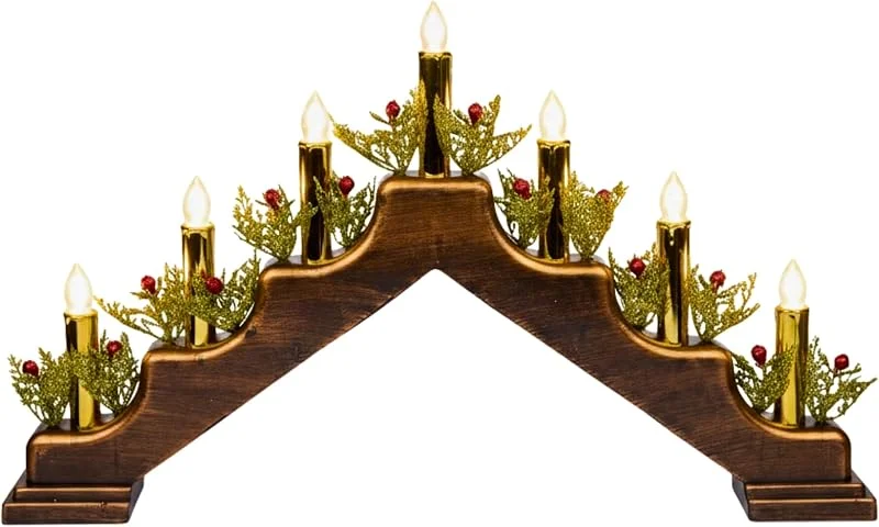 Marke: SHATCHI SHATCHI Neueste hölzerne vorbeleuchtete Kerzenbrücke mit Messing-Finish, 7 LEDs, metallische rote Kerzen – batterie- oder USB-betrieben – Fenster-Weihnachtsbaum-Licht für Zuhause, Urlaub — Weihnachtsbeleuchtung