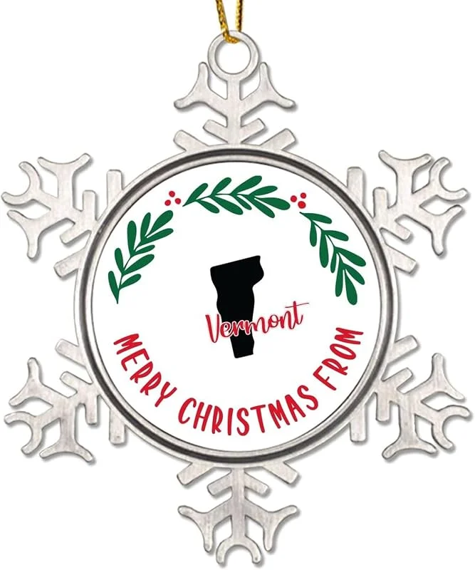 Marke: CowkissSign Patriotische American State Weihnachtsdekoration Merry Christmas From Vermont Weihnachtsbaum Andenken Vermont Weihnachtskranz Urlaub Andenken Schneeflocke Metall Weihnachtsdekoration
