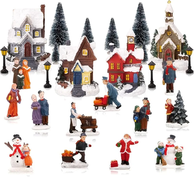 Marke: SHAIDOJIO Weihnachtsdorf-Sets, LED-beleuchtete Weihnachtsdorfhäuser mit Figuren, Miniatur-Harz-Szene, Sammlerstück, Schreibtisch-Ornamente, batteriebetriebene Landschaftsdekoration, 27-teilig — Weihnachtsdeko
