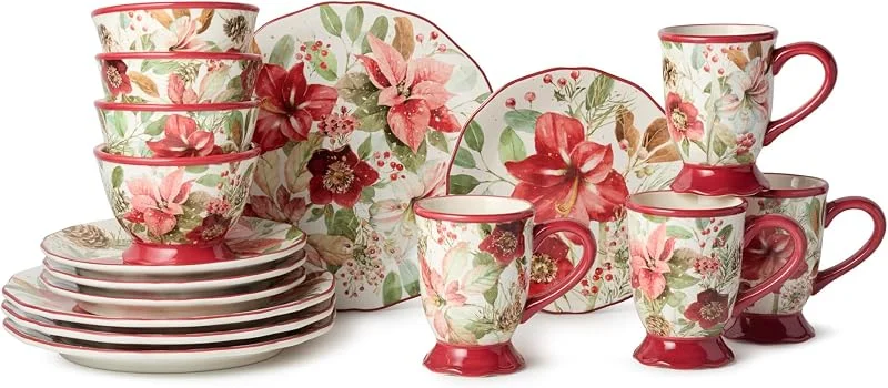 Marke: Cerified International Winter Blooms 16-teiliges romantisches Urlaubsgeschirr-Set - elegante florale Keramikteller, Tassen & Schalen für 4 Personen - spülmaschinen- & mikrowellengeeignetes Weihnachtsgeschirr mit — Advent und Tisch