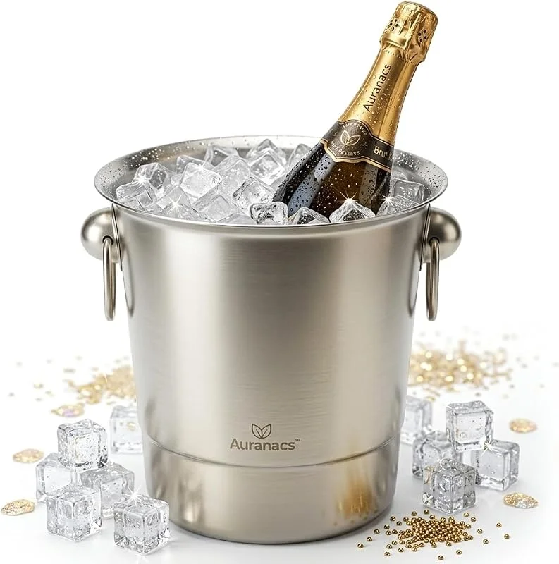 Marke: Auranacs Toskana, Weinkühler aus Edelstahl, Eleganter Champagnerkühler mit 4, 5L Fassungsvermögen, Sektkühler mit mattierter Oberfläche, Eiskübel mit 2 Griffen, Ø 20cm, Perfekt für Partys — Wein und Festtafel