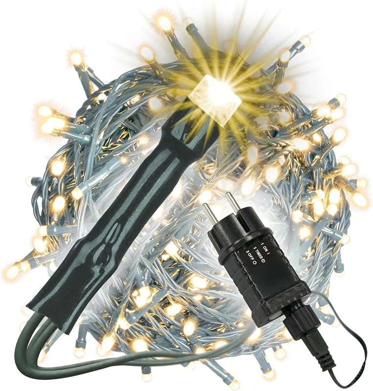 Marke: Nipach GmbH 400 LED Lichterkette warm weiß - grünes Kabel – mit Trafo + Timer — Weihnachtsbeleuchtung