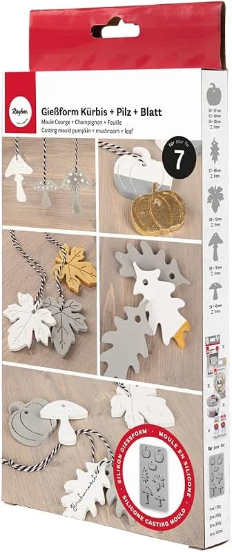 Besuche den Rayher-Store Rayher Silikon-Gießform Kürbis, Pilz, Blatt, 14, 5 x 26 x 1 cm, 7 Formen für Anhänger, zum Ausgießen mit Kreativ Beton, Art Resin Gießharz, Raysin-Gießpulver, 36123000, Grau — Weihnachtskueche