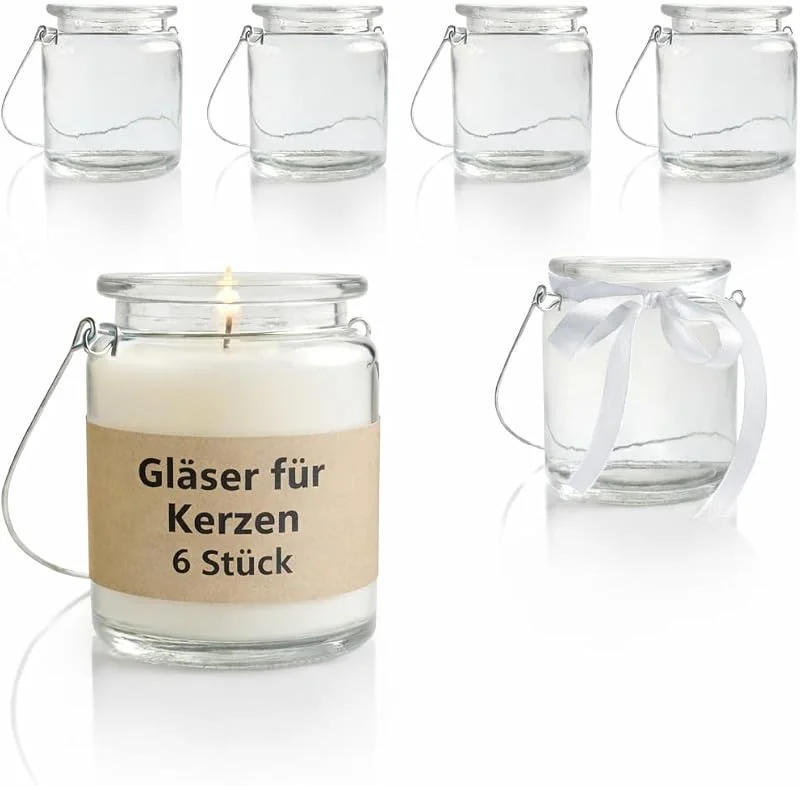 Besuche den WeddingTree-Store WeddingTree 6 x Gläser für Kerzen - Windlicht Glas mit abnehmbaren Bügel und Dekoband - Teelichtgläser - Leere Kerzengläser zum Kerzen gießen - Candle Jar - Kerzenglas als Deko für Hochzeit — Kerzenlicht Abendessen