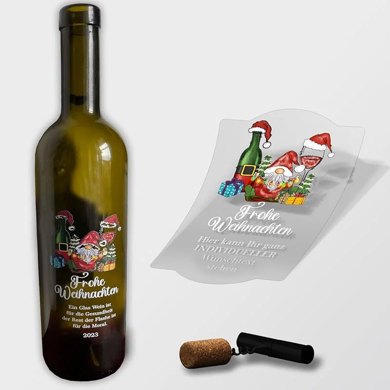 Besuche den FOTOFOL-Store Weihnachten Flaschenetiketten personalisiert mit Wunschtext - 4 Stück 85x130mm- transparente Aufkleber für Geschenk - weihnachtliche Flaschen Aufkleber (Motiv Gnome) — Geschenkverpackung