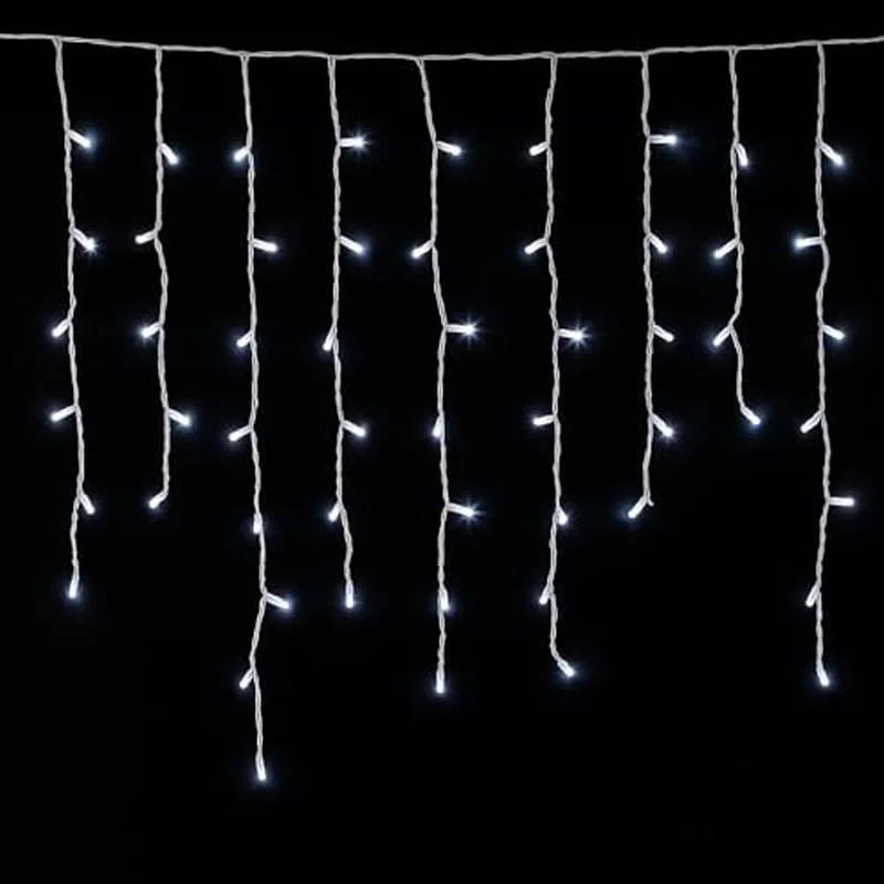 Marke: ElektroNova Elektronova Lichtervorhang mit 200 LEDs, 5 m, weißes Kabel, IP65, verlängerbar, mit hängenden Drähten in abwechselnden Längen (30 – 70 – 40 – 60 cm) für Wasserfall-Effekt — Weihnachtsbeleuchtung