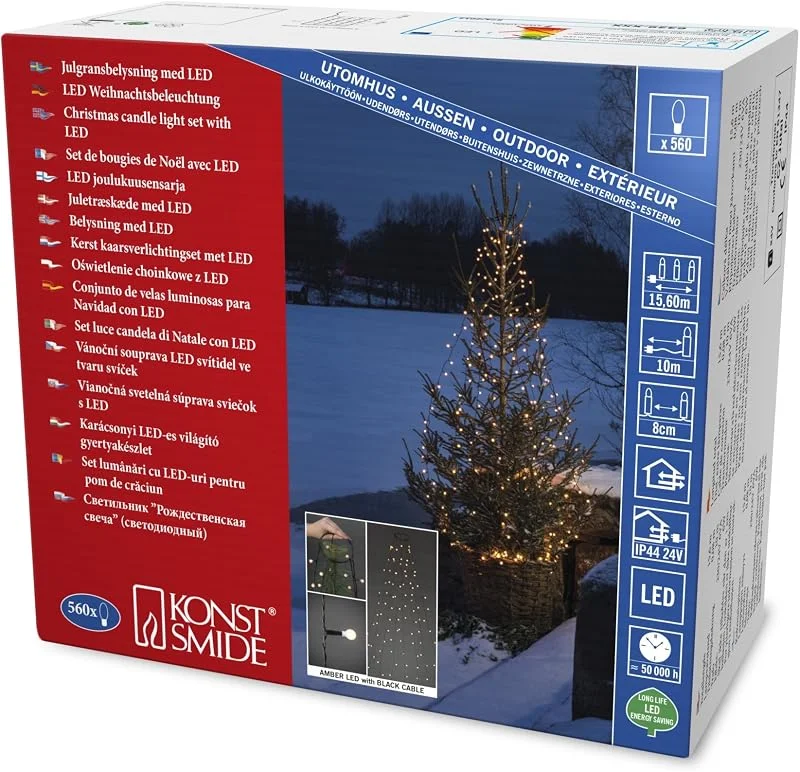 Besuche den Konstsmide-Store Konstsmide LED Baummantel mit Ring Ø 17, mit Globes, 8 Stränge à 70 Dioden, vormontiert, 560 bernsteinfarbene Dioden, 24V Außentrafo, schwarzes Kabel - 6329-800 — Weihnachtsbeleuchtung