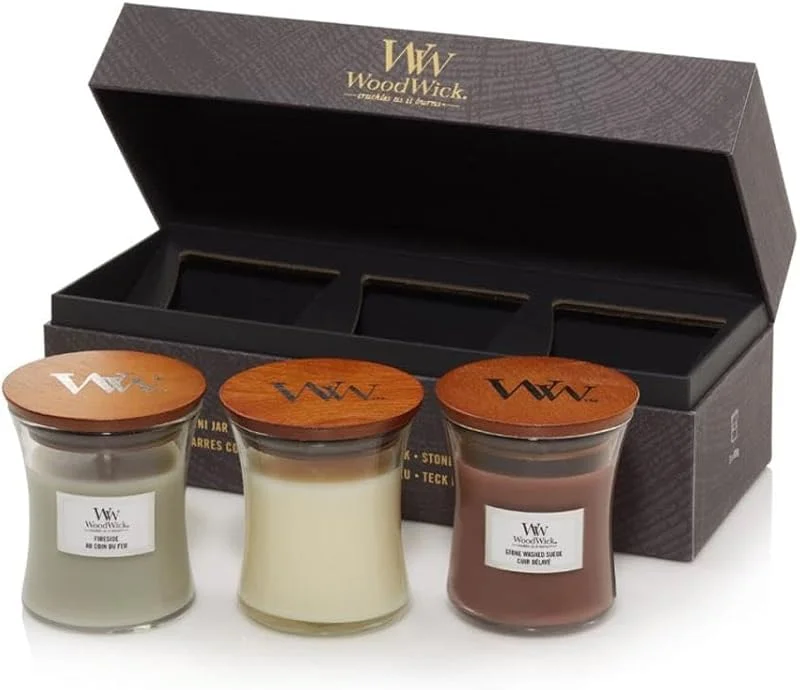 Besuche den WoodWick-Store WoodWick Duftkerzen-Geschenkset, Duftkerzen mit Holzaroma im Sanduhrglas mit knisternden Dochten, Geschenkset, 3 Teile — Kerzenlicht Abendessen