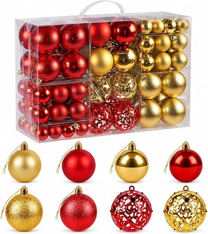 Besuche den Hengsong-Store Hengsong 100er Set Weihnachtskugeln Rot Gold – Christbaumkugeln Ø3, 4, 6cm — Weihnachtsdeko