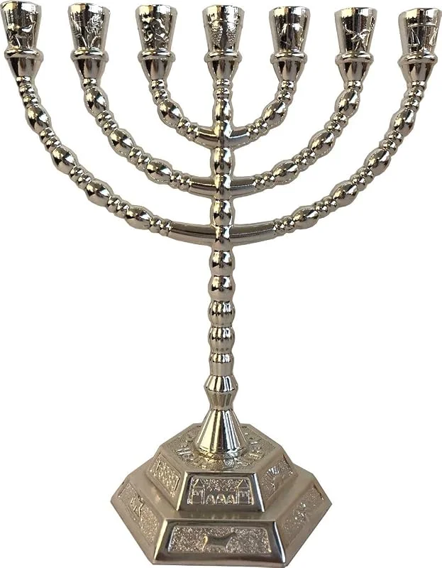 Marke: Holy Land Market Holy Land Market Jüdische Kerzenständer Menora – 7 Zweige – 12 Stämme Israel Menora (Silber, 20, 3 cm) — Kerzenlicht Abendessen