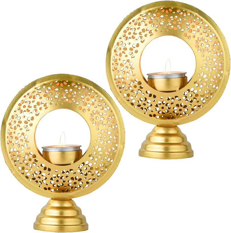 Besuche den Marrakesch Orient & Mediterran Interior-Store Teelichthalter Amif im Skandi-Stil, aus Metall, 2er-Set, in Gold 16 cm — Kerzenlicht Abendessen
