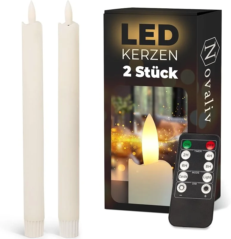 Besuche den Novaliv-Store Novaliv Stabkerzen LED mit Timer Weiss 2er Indoor mit 6 Stunden Timer - ECHTWACHS 23cm Höhe für Kerzen 2, 2cm Durchmesser 2 AAA Batterien notwendig LED Stabkerzen flackernde Flamme bewegliche Flamme — Kerzenlicht Abendessen